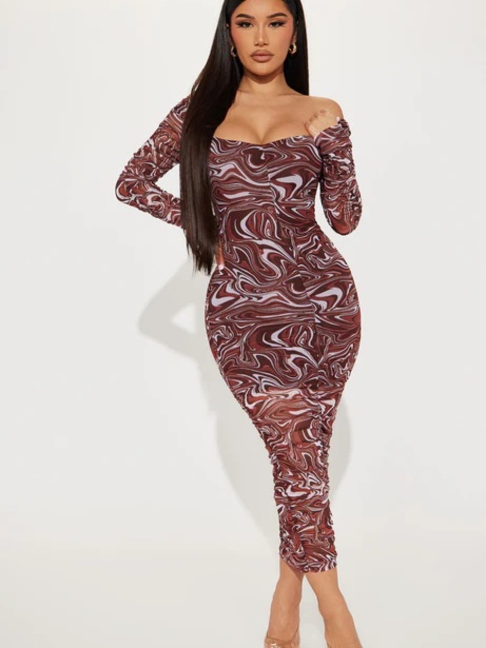 Almost Famous Brown Swirl Long-Sleeve Ruched Dress